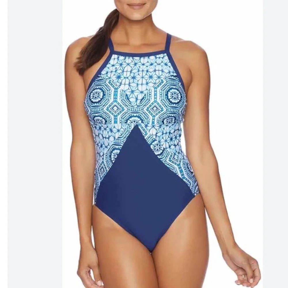 NEXT Women Spice Market Contour One Piece Swimsuit Beach‎ Summer Blue Geom Small